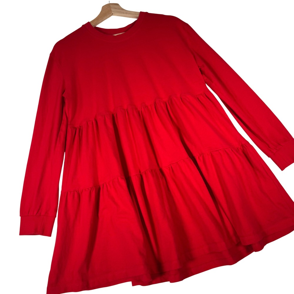 Zara Tiered Mini Dress Women Size S Red Long Sleeve Babydoll Boho Casual Jersey